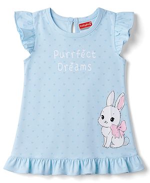 Babyhug Cotton Knit Half Sleeves Nighty with Bunny Print - Blue