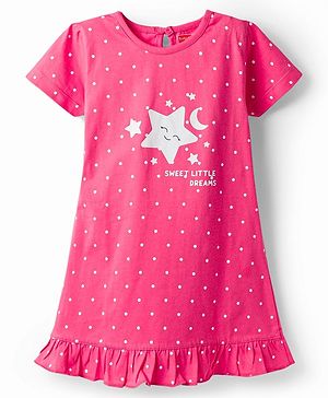 Babyhug Cotton Knit Half Sleeves Nighty With Star & Polka Dots Print - Pink