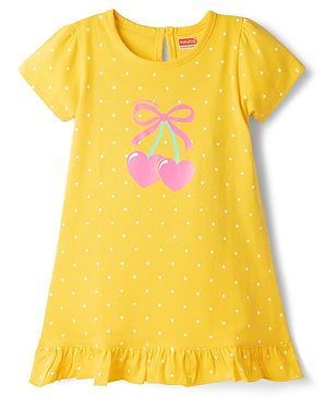 Babyhug Cotton Knit Half Sleeves Nighty With Polka Dot Print - Yellow