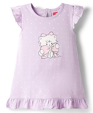 Babyhug Cotton Knit Half Sleeves Polka Sots & Kitty Printed Nighty - Lavender