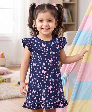 Babyhug Cotton Knit Half Sleeves Nighty With Floral & Butterfly Print - Navy Blue