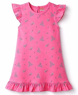 Babyhug Cotton Knit Half Sleeves Nighty With Floral Print - Pink