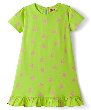 Babyhug Cotton Knit Half Sleeves Nighty With Cherry Print - Green