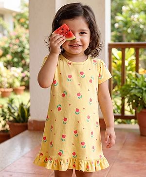 Babyhug Cotton Knit Half Sleeves Nighty With Floral Print - Yellow