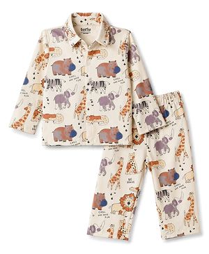 Bonfino 100% Cotton Knit Full Sleeves Animals Printed Co-Ords  Shirt & Pyjama Night Suit - OffWhite