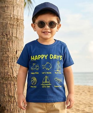 Babyhug Cotton Knit Half Sleeves T-Shirt with Text & Vehicle Graphics - Navy Blue