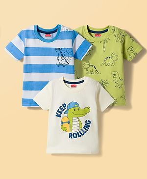 Babyhug Cotton Knit Half Sleeves T-Shirts With Dino Print Pack of 3 - Multicolor