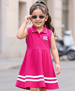 Babyhug Knit Sleeveless Frock With New York Print - Dark Pink