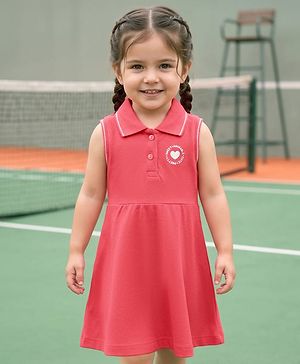 Babyhug Knit Sleeveless Frock With Heart Print - Pink