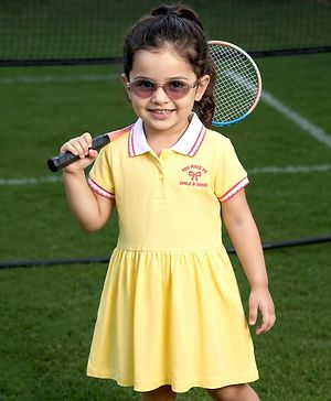 Babyhug Cotton Knit Half Sleeves Collared Frock with Text Print - Yellow