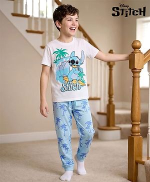 Pine Kids Disney Single Jersey Knit Half Sleeves T-Shirt & Pajama Night Suit with Stitch Graphics - White & Blue