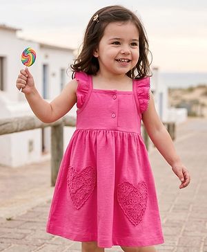 Babyhug Knit Sleeveless Frock With Heart Patch - Dark Pink