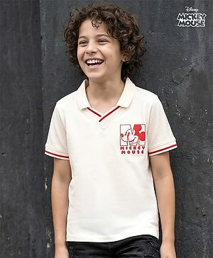 Pine Kids Disney Single Jersey Knit Half Sleeves Polo T-Shirt With Mickey Mouse Graphics - Off White