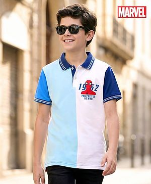 Pine Kids Marvel Single Jersey Knit Half Sleeves Cut & Sew Polo T-Shirt with Spider-Man Graphic - Light Blue