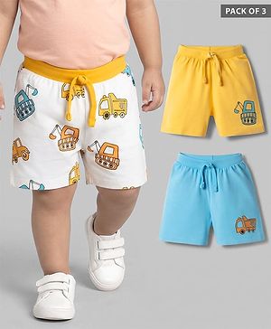 Babyhug Cotton Knit Mid Thigh Construction Vehicles Printed Shorts Pack Of 3 - Multi Color