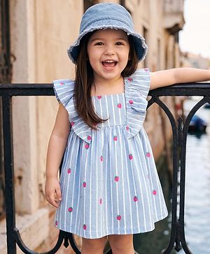 Babyhug 100% Cotton Knit Frill Sleeves Strawberry Printed & Striped Frock - Light Blue