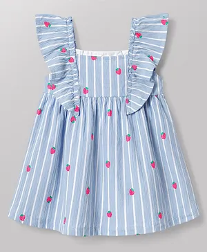 Babyhug
                                  100% Cotton Knit Frill Sleeves
                                  Strawberry Printed & Striped Frock
                                  - Light Blue