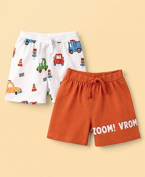 Babyhug Cotton Knit Mid Thigh Vehicles Printed Shorts Pack Of 2 - Multi Color