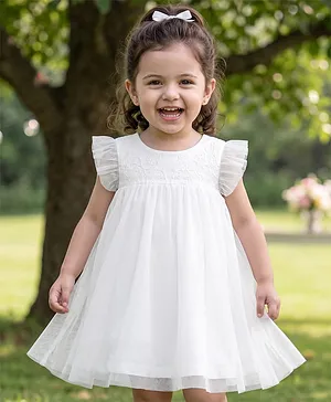 Babyhug Mesh Knit Frill Sleeves
                                  One Piece Dress/Frock With Floral
                                  Embroidery - White