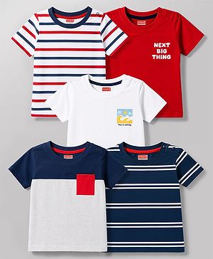 Babyhug 100% Cotton Knit Half Sleeves Striped Beach Theme Text Printed T-Shirts Pack Of 5 - Multicolor