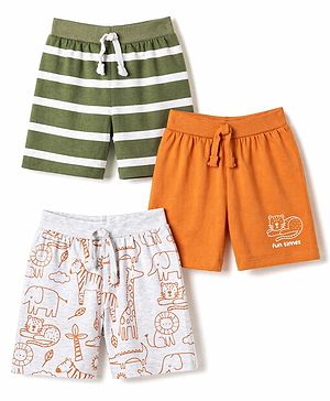 Babyhug Cotton Knit Mid Thigh Striped & Animal Printed Shorts Pack Of 3 - Multicolor