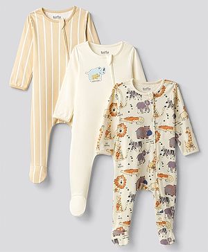 Bonfino 100% Cotton Full Sleeves  Footed Sleepsuit With Animal Print Pack of 3 - Multicolor