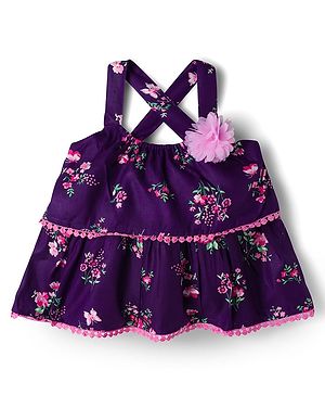 Babyhug Woven Sleeveless Top with Floral Print &  Applique - Multicolor