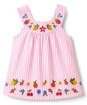 Babyhug 100% Cotton Woven Sleeveless Floral Embroidered & Striped Top - Pink