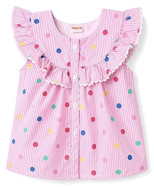 Babyhug 100% Cotton Woven Sleeveless Striped Top With Schiffli Detailing & Polka Dots Print - MUlticolor