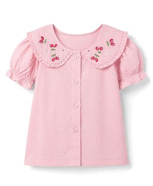 Babyhug 100% Cotton Woven Half Frill Sleeves Top with Floral and Cherry Embroidery - Pink