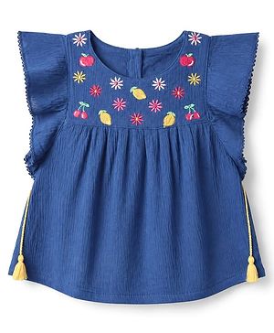 Babyhug Crinkled Crepe 100% Cotton Woven Top with Half Sleeves and Fruit and Flowers Embroidery - Navy