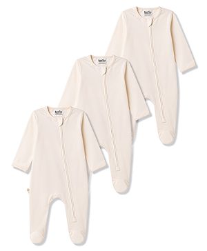Bonfino 100% Cotton Knit Full Sleeves Solid Footed Sleepsuits Pack of 3 - White