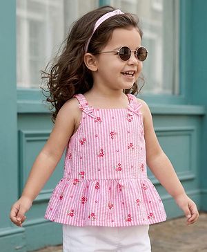 Babyhug Cotton Woven Sleeveless Floral Printed Top -Pink