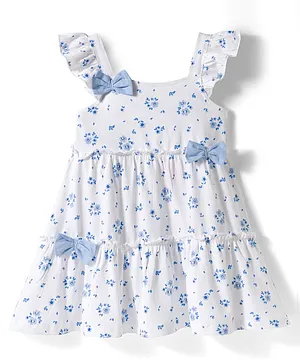 Babyhug Knitted Frill Sleeves Frock with Bow Applique & Floral Print - White