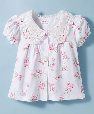 Babyhug Cotton Knit Half Sleeves Top with Floral Print & Schiffli Detailing - White