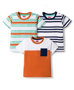Babyhug 100% Cotton Knit Half Sleeves Striped T-Shirts Pack Of 3 - Multicolour