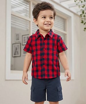 Babyhug Cotton Woven Half Sleeves Checkered Shirt & Shorts Set - Red & Navy Blue
