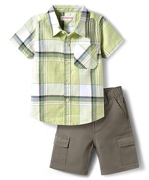 Babyhug Cotton Knit Half Sleeves Checkered Shirt & Shorts Set - Brown & Light Green