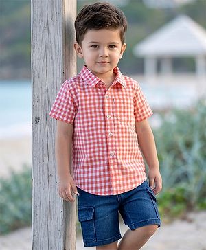 Babyhug Woven Half Sleeves Checkered Shirt & Denim Shorts Set - Peach