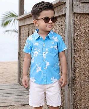 Babyhug Cotton Knit Half Sleeves Floral Printed Shirt & Shorts Set - Light Blue