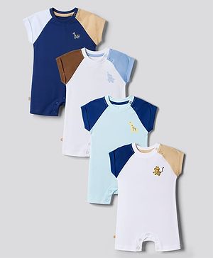 Bonfino 100% Cotton Knit Raglan Half Sleeves Animal Printed Rompers Pack Of 4 - Light Blue White & Blue