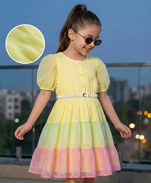 Hola Bonita Woven Half Puffed
                                  Sleeves Textured Tiered Frock with
                                  Belt - Yellow & Pink