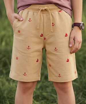 Pine Kids Looper Above Knee Length Shorts with Anchor Print - Tan