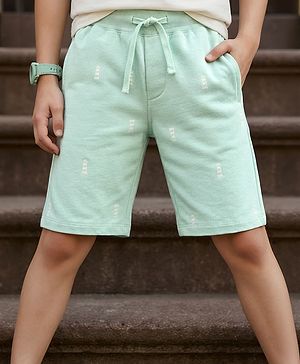 Pine Kids Looper Above Knee Length Shorts with Light House Print - Sea Green