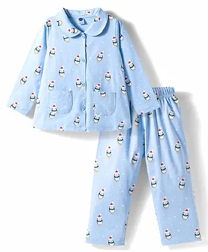 Teddy Sinker Knit Full Sleeves Shirt
                              & Pyjama Co-ord Night Suit With
                              Penguin Print - Blue