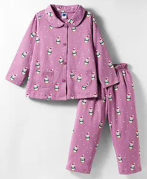 Teddy Sinker Knit Full Sleeves Shirt
                              & Pyjama Co-ord Night Suit With
                              Penguin Print - Pink