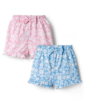 Teddy Sinker Knit Knee Length Floral
                              Printed Shorts With Bow Applique Pack Of 2
                              - Blue & Pink
