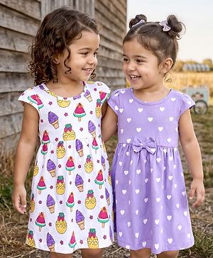 Babyhug 100% Cotton Knit Cap Sleeves Ice Cream & Hearts Printed Frocks Pack Of 2 - Multicolour
