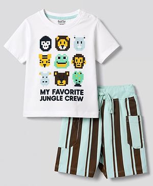 Bonfino 100% Cotton Knit Half Sleeves T-Shirt & Striped Shorts Set With Animal Print - Multicolor