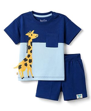 Bonfino 100% Cotton Knit Half Sleeves Giraffe Printed Color Block T-Shirt & Cargo Shorts Set - Light & Navy Blue